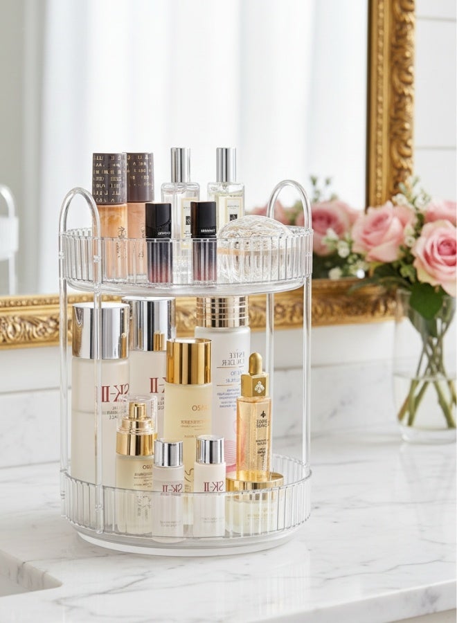 منظم مكياج دوّار 360 درجة من الأكريليك الشفاف بأعمدة متينة – منظم عناية بالبشرة بطبقتين وسعة تخزين كبيرة، منظم لتخزين المكياج والعطور والسيروم والكريمات، دوران سلس وسريع، تصميم أنيق لطاولة الزينة وطاولة الحمام وخزانة مستحضرات التجميل - Image 1